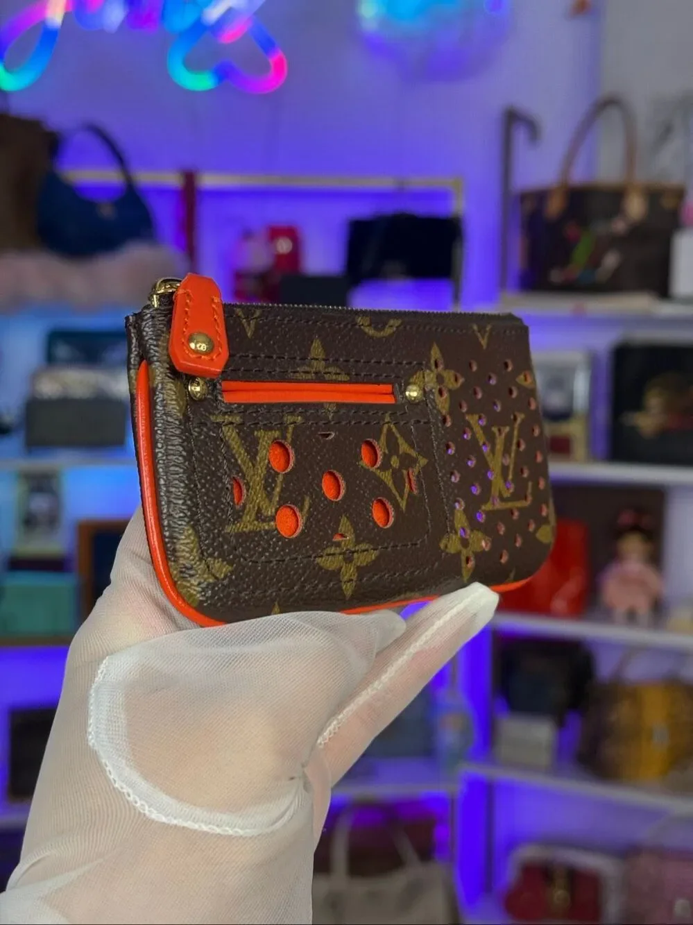 NIB Louis Vuitton Perforated Pochette Cles Orange Monogram Canvas Leather Wallet